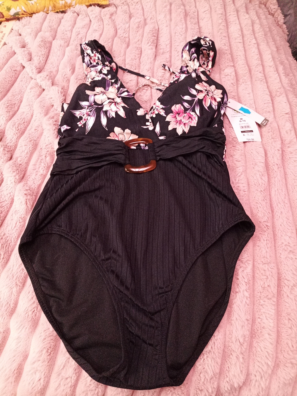 Time and Tru Black Floral One-Piece Swimsuit with Belt Accent